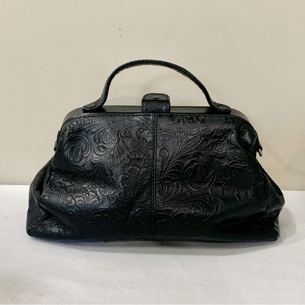 Tooled (embossed) Faux leather western doctors style handbag w. striped lining